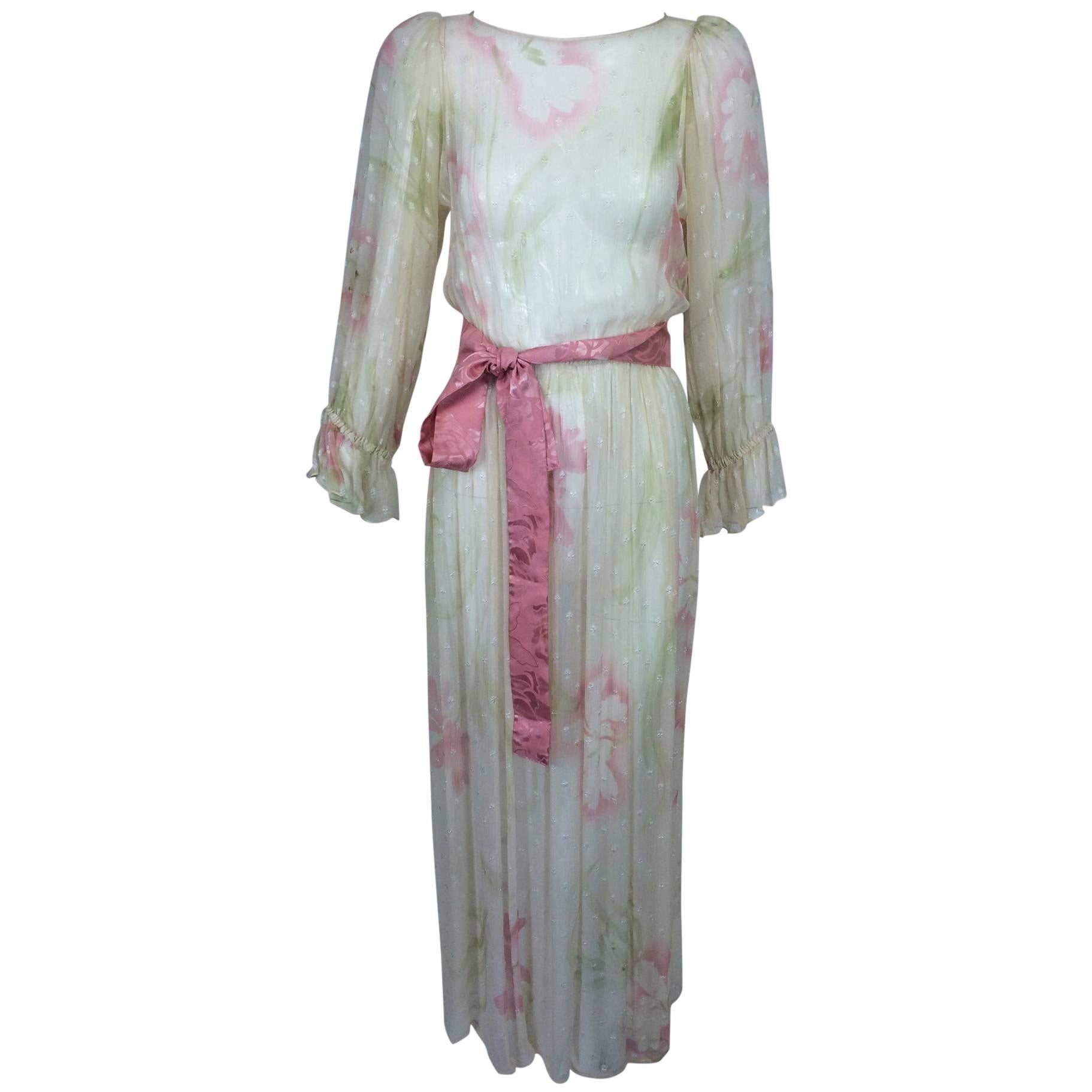 Vintage Hollys Harp off white sheer silk chiffon floral print dress 1960s