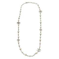 Chanel CC Faux Pearl Crystal Silver Tone Long Station Necklace