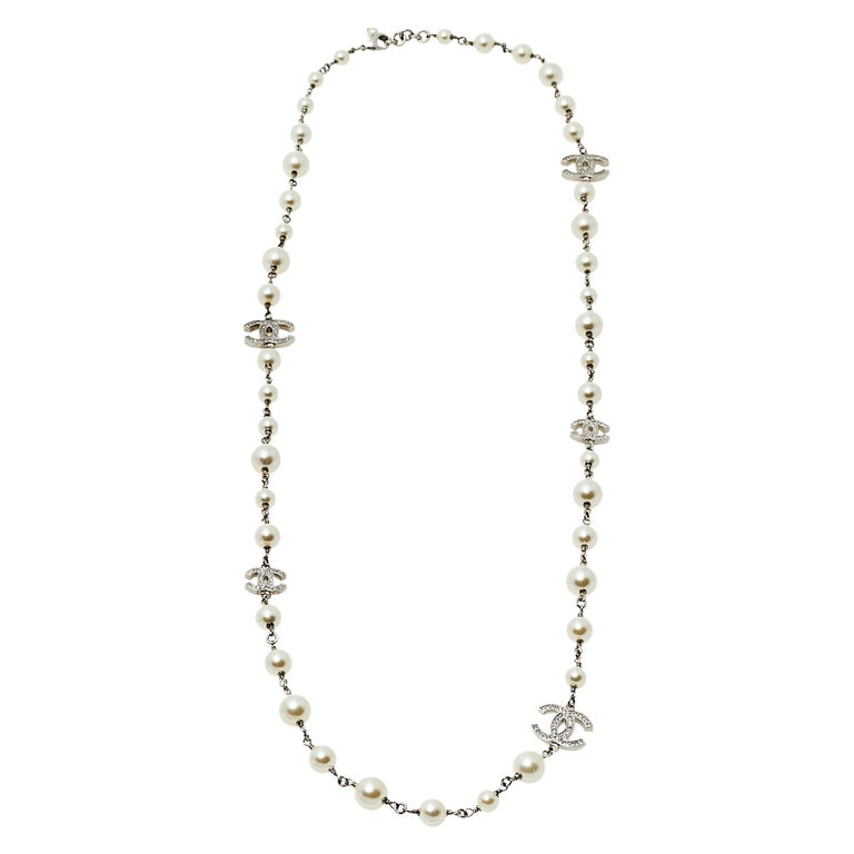 Chanel CC Faux Pearl Crystal Silver Tone Long Station Necklace at 1stDibs
