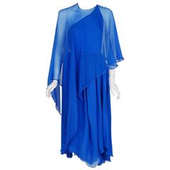 1970's Oscar de la Renta Royal-Blue Crepe Chiffon Asymmetric Goddess Dress Gown 10