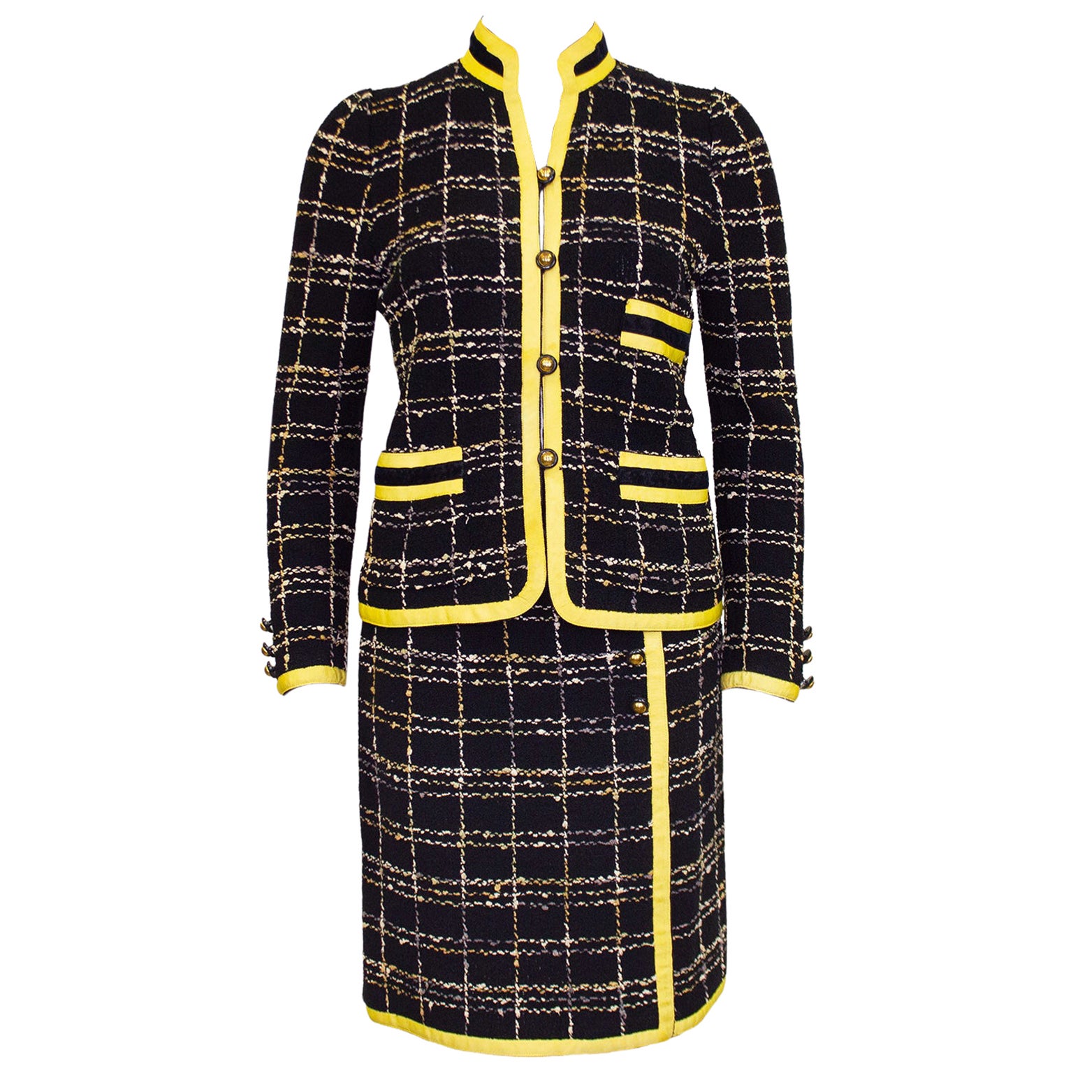 1980s Adolfo Black Wool Knit Plaid Skirt Suit with Yellow Trim  For Sale