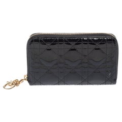 Used Dior Black Patent Leather Lady Dior Zip Around Wallet