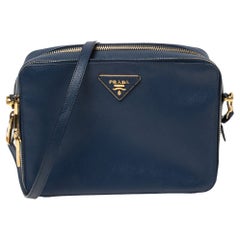 Prada Nvay Blue Saffiano Leather Camera Double Zip Shoulder Bag