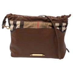 Burberry Brown/Beige Leather and House Check Canvas Shoulder Bag