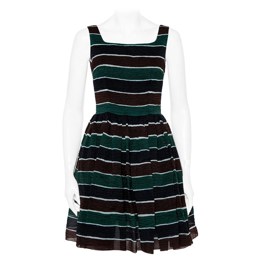 Dolce & Gabbana Multicolor Striped Textured Silk Pleated Mini Dress S For Sale