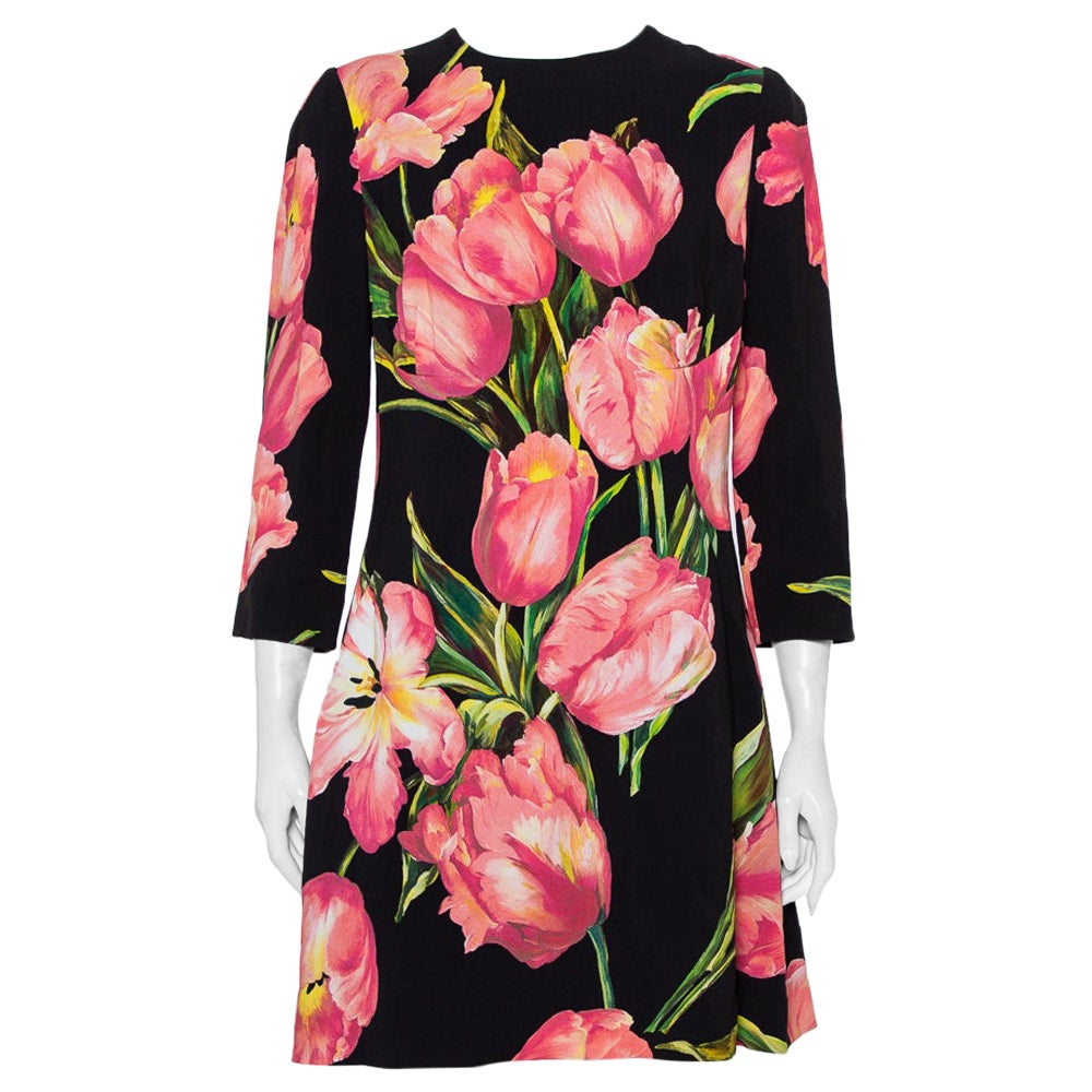 Dolce & Gabbana Black Tulip Printed Crepe Shift Dress L