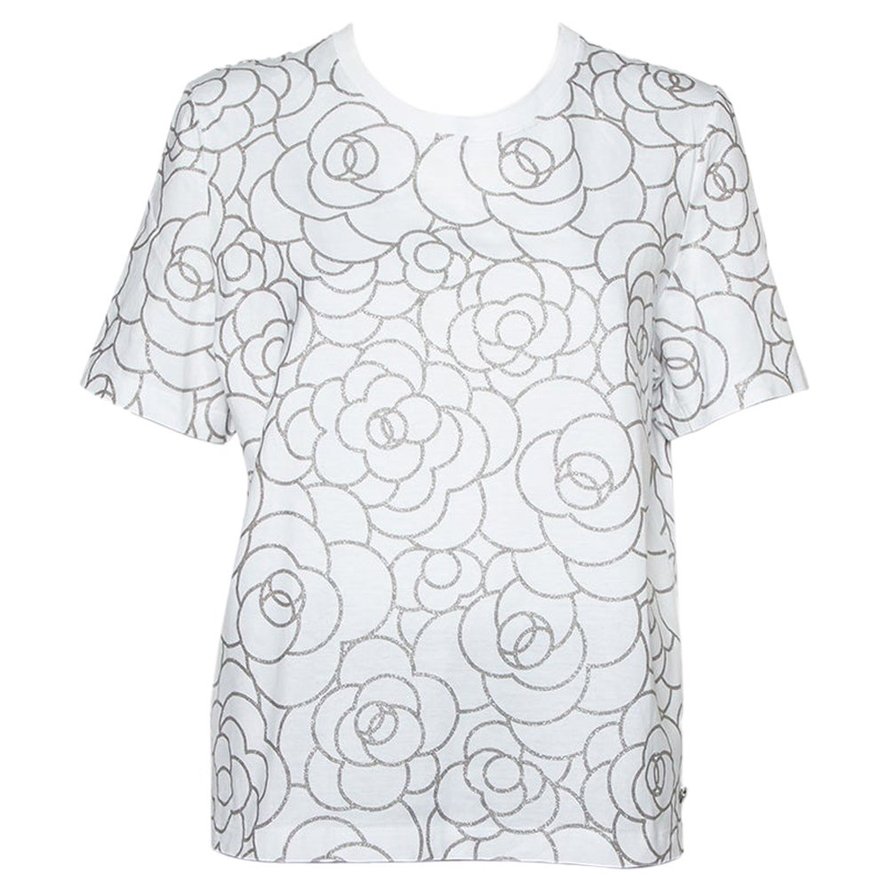 Chanel White Metallic Camellia Printed Cotton Crewneck T-Shirt L