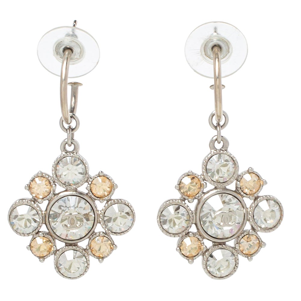 Chanel CC Floral Crystal Embellished Silver Tone Stud Earrings Chanel