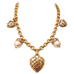 1990s Loewe Gilt Metal and Faux Pearls Necklace with Hearts