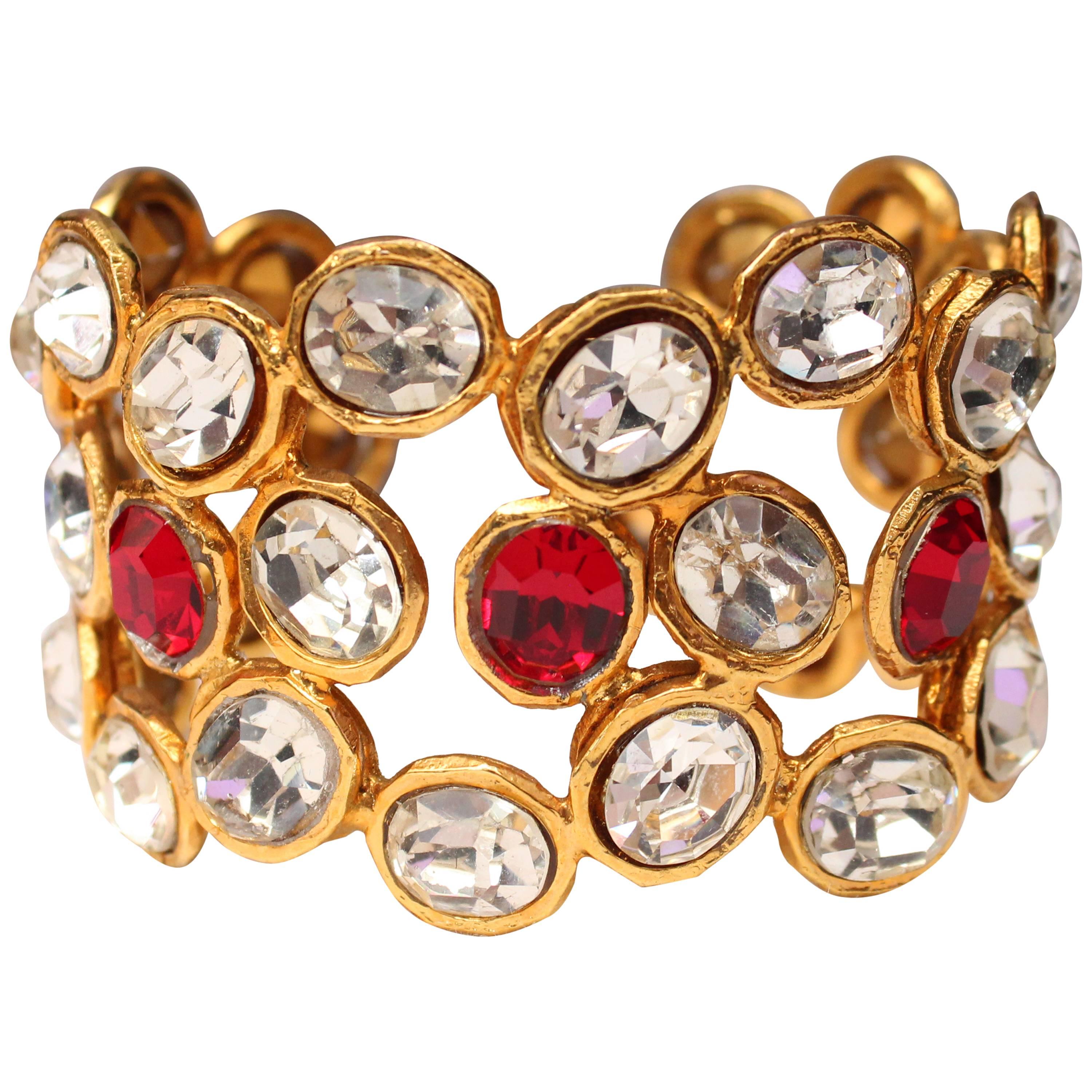 Early 1990s Chanel Cuff with Gilt Metal and White and Red Crystals For Sale