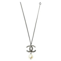 Chanel Gunmetal Tone CC Faux Pearl Drop Chain Necklace