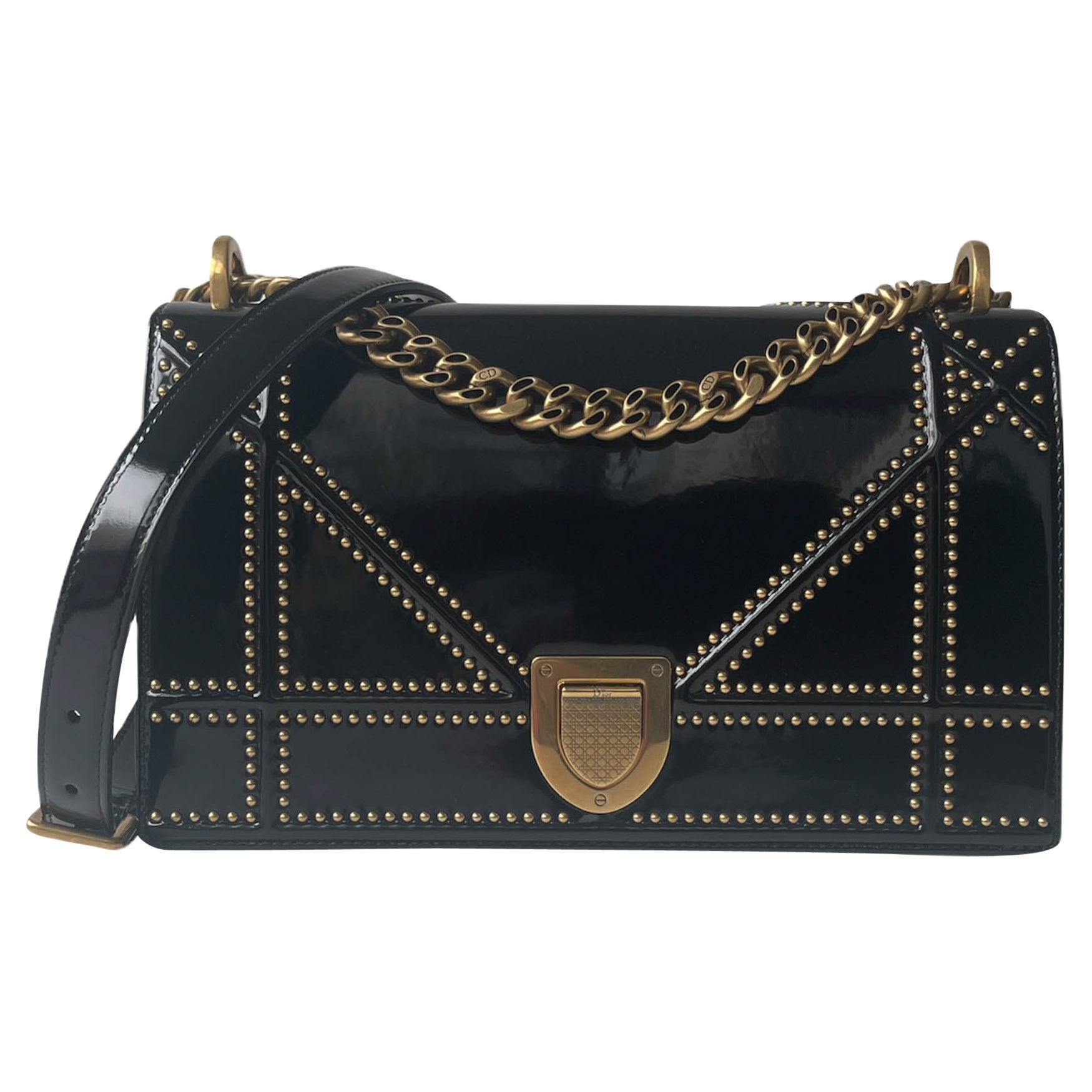 Dior Black Patent Leather Studded Medium Diorama Flap Bag rt. $3, 600
