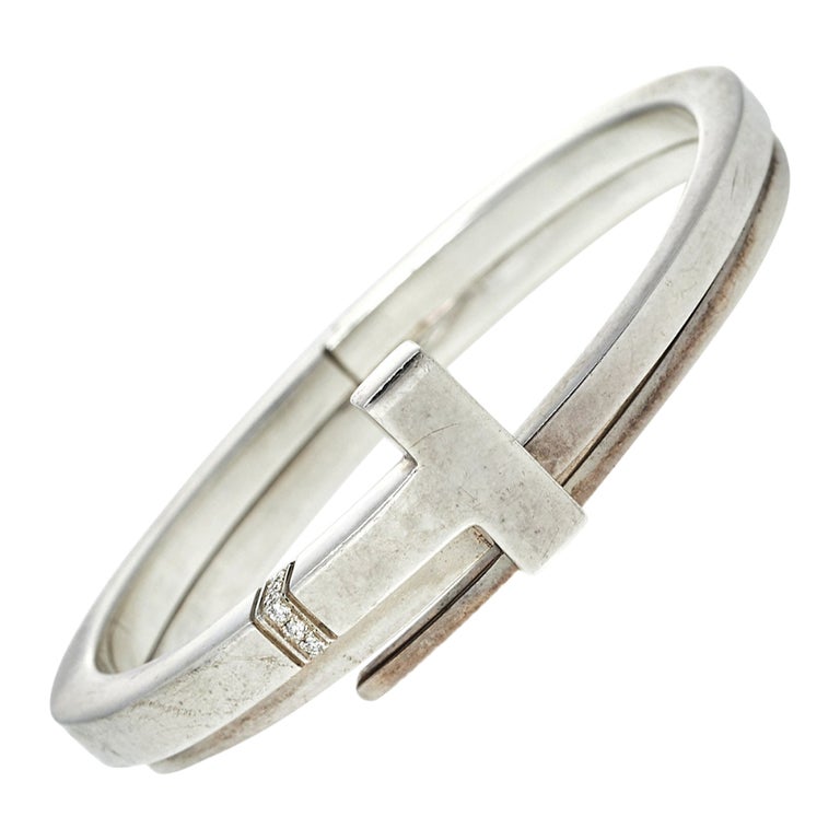 Tiffany and Co. Sterling Silver Diamonds T Square Wrap Bracelet at