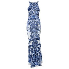 Roberto Cavalli White & Blue Printed Jersey Lace Detail Sleeveless Maxi Dress M