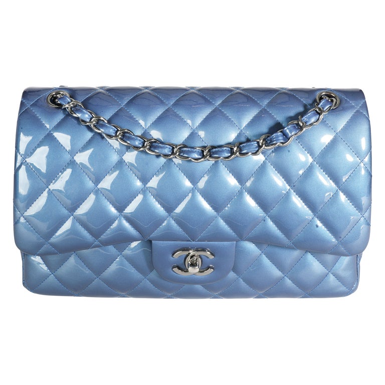 Chanel Blue Patent Leather Quilted Jumbo Classic Double Flap Bag For ...
