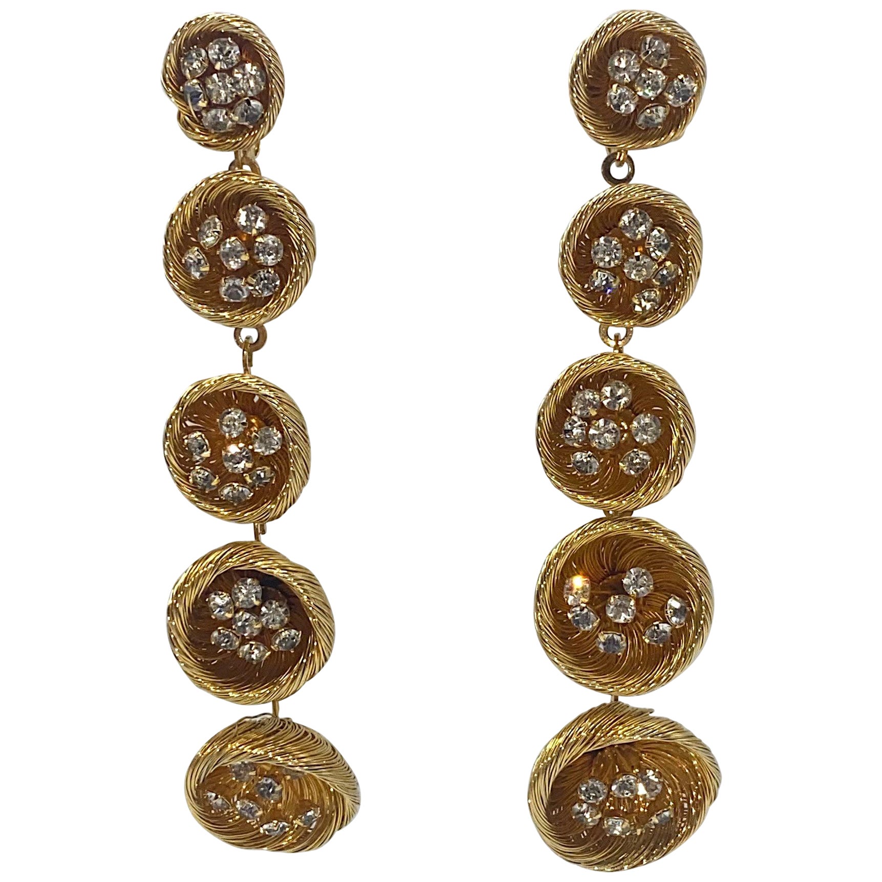 Spectacular 1960S Gold and Rhinestone Mod Long Earrings