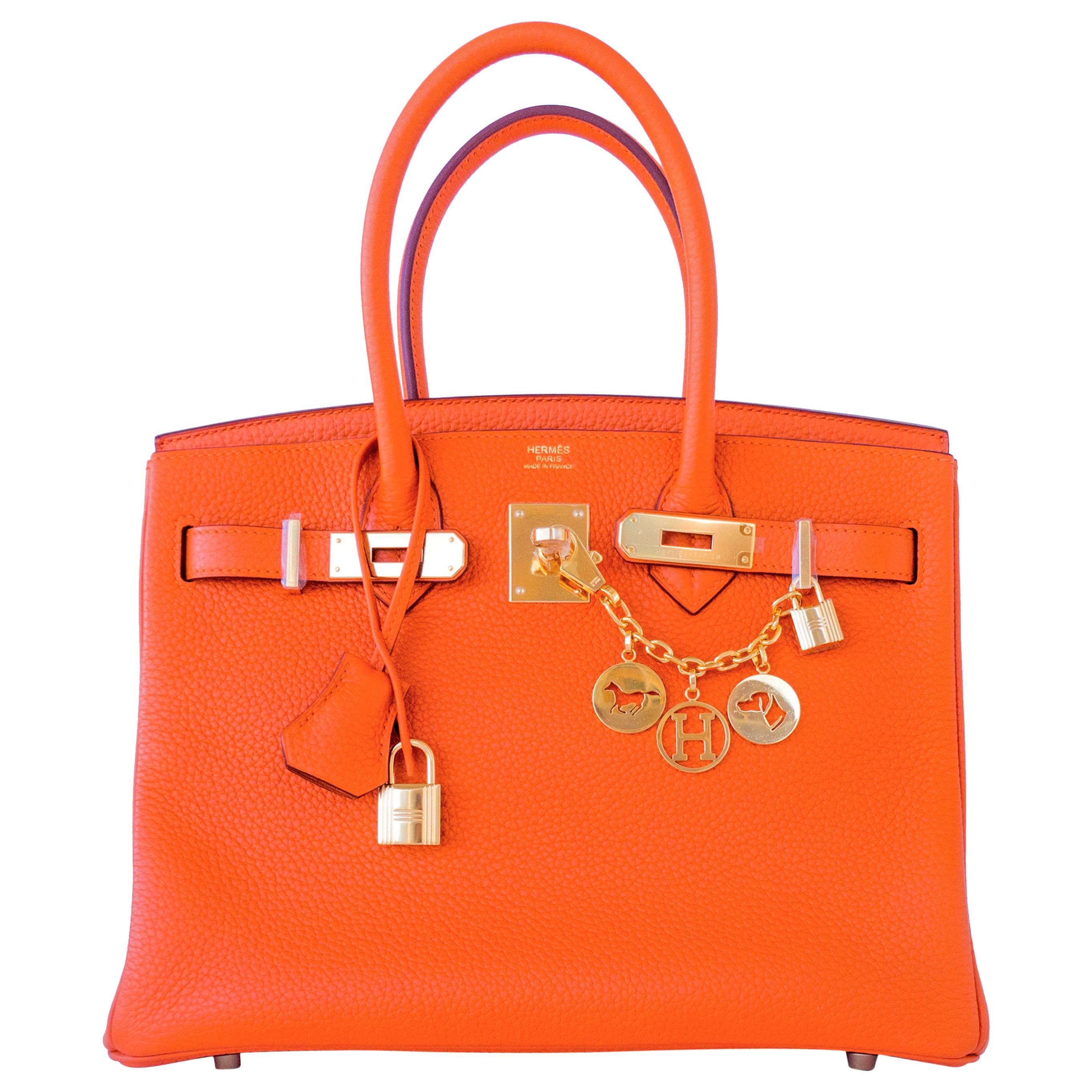 Hermes Orange 30cm Birkin Gold GHW Satchel Tote Bag Gorgeous