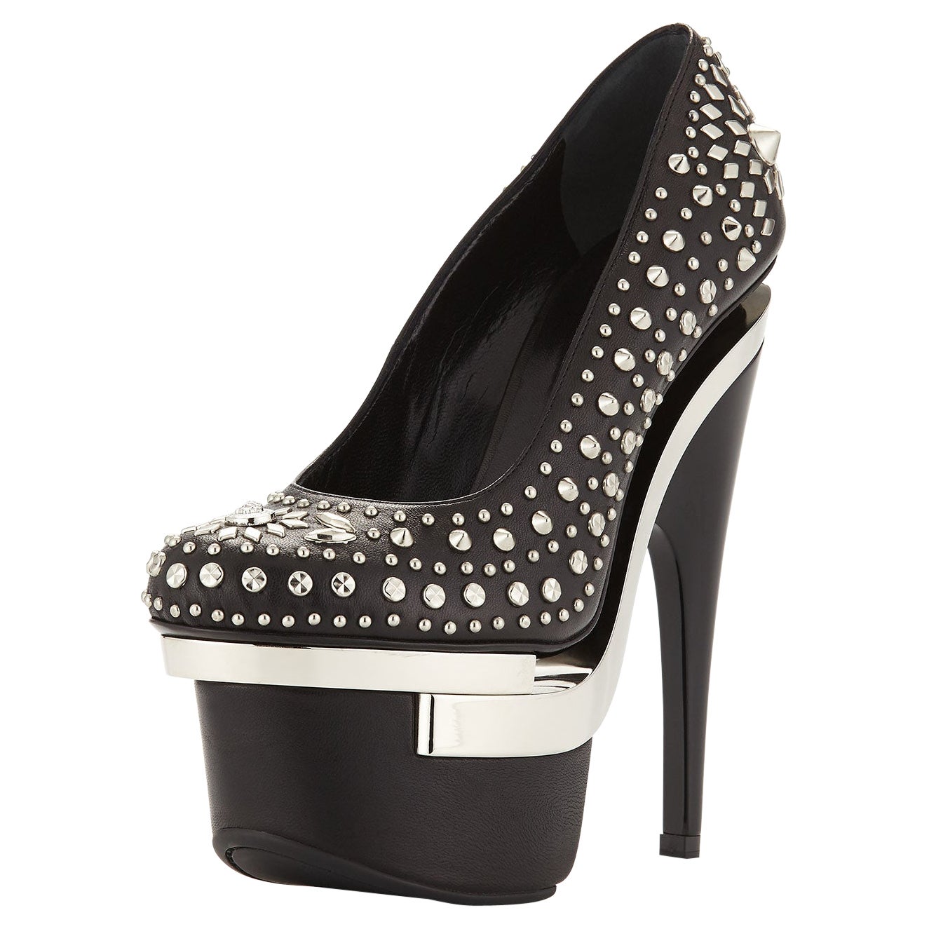 New $2650 Versace Triple Platform Silver Black Leather Studded Shoes Pumps 38 8 For Sale