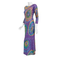 Retro 1960's Gene Shelly Colorful Atomic Swirl Sequin Wool Knit Hourglass Gown