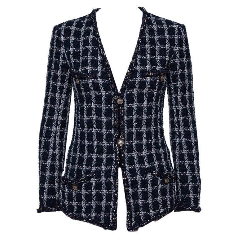 Chanel Navy Blue Tweed Star Embellished Button Front Jacket S at 1stDibs