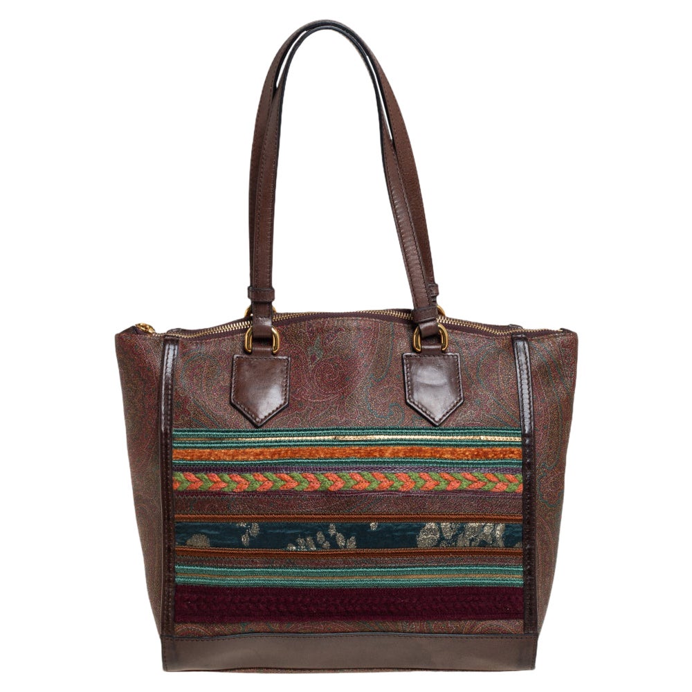 Etro Brown Paisley Printed Coated Canvas And Leather Patchwork Tote