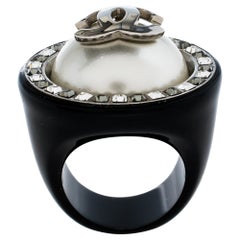 Chanel CC Faux Pearl Crystal Cocktail Ring Size EU 55