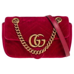 Gucci Red Matelassé Velvet Mini GG Marmont Shoulder Bag
