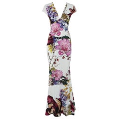 Roberto Cavalli Cream Floral Printed Jersey Fitted Maxi Dress S