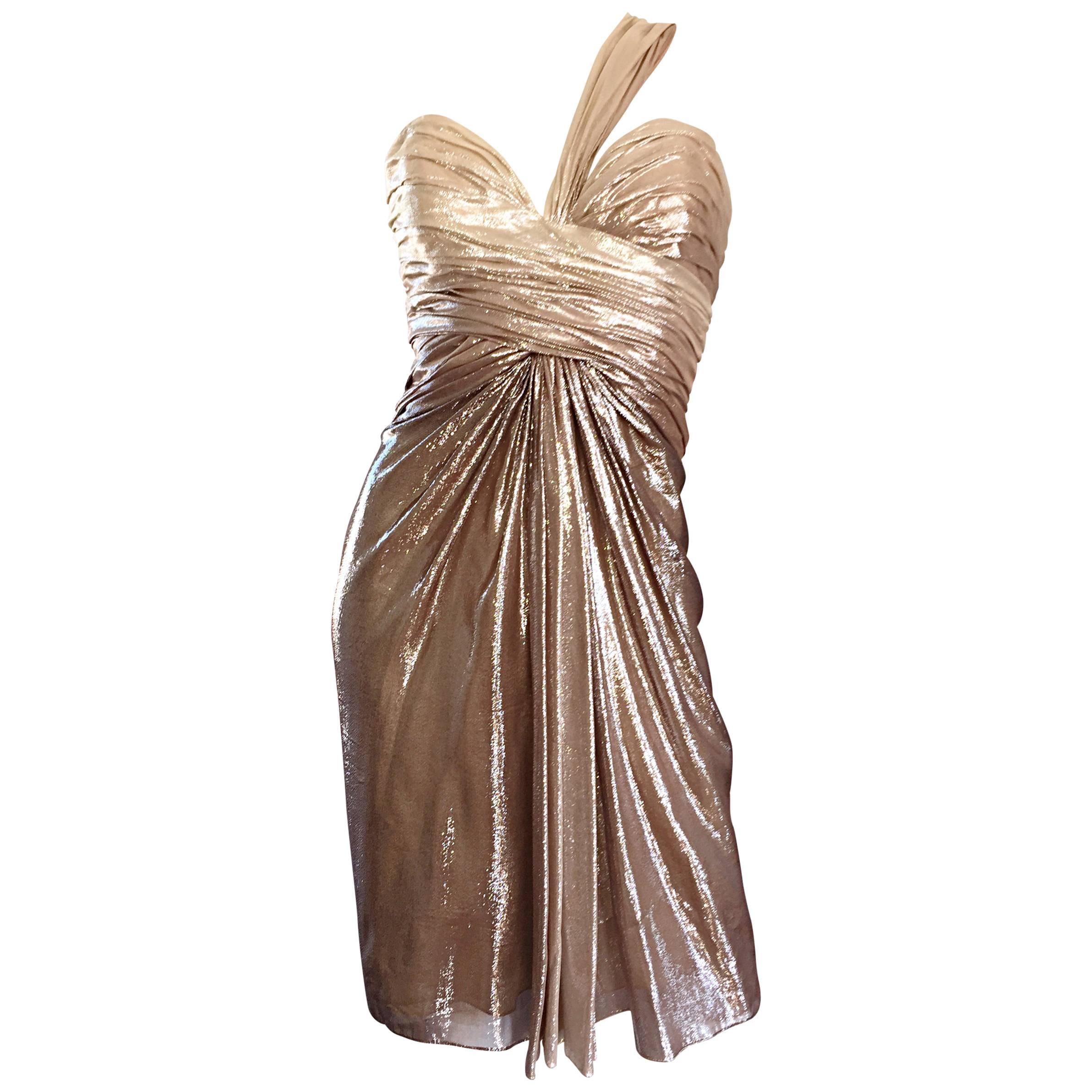 New Pamella Roland Size 6 Gold Ombre Metallic One Shoulder Grecian Silk Dress For Sale
