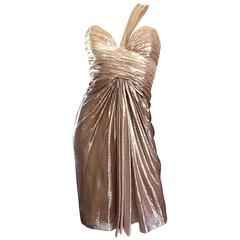 New Pamella Roland Gold Ombre Metallic One Shoulder Grecian Silk Cocktail Dress 8