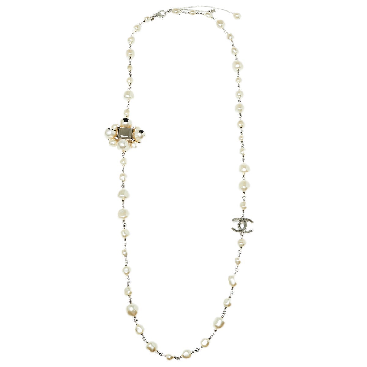 Chanel CC Faux Pearl Silver Tone Station Long Necklace at 1stDibs ...