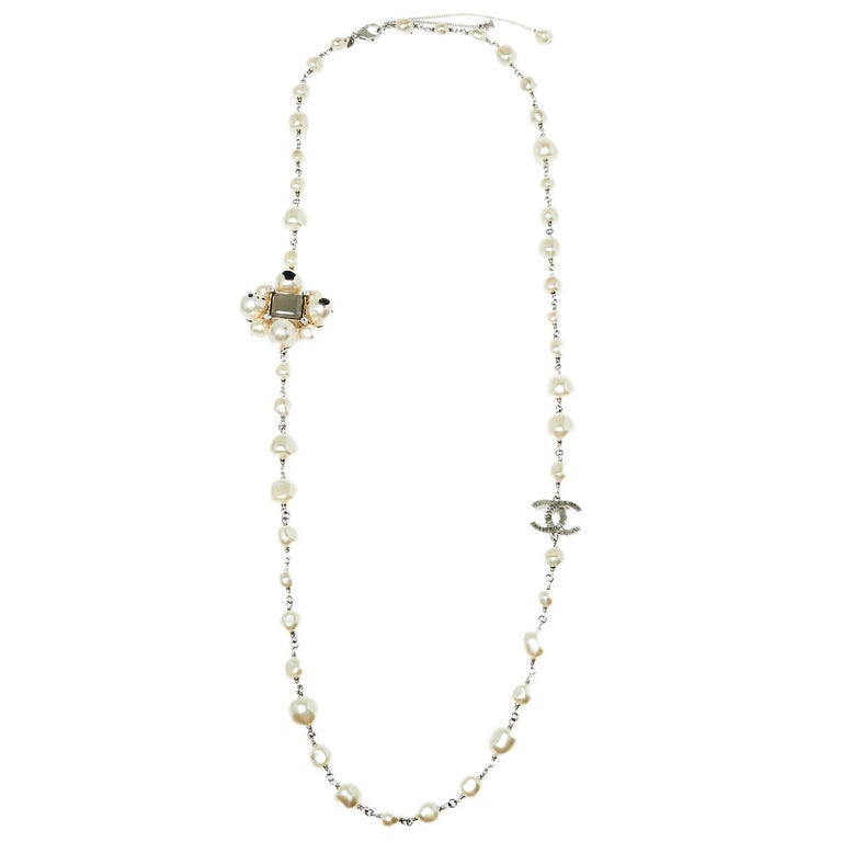Chanel CC Faux Pearl Silver Tone Station Long Necklace at 1stDibs
