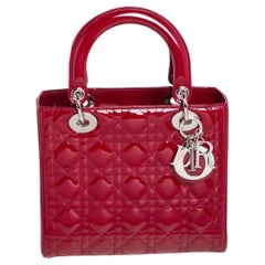 Dior Red Cannage Patent Leather Medium Lady Dior Tote