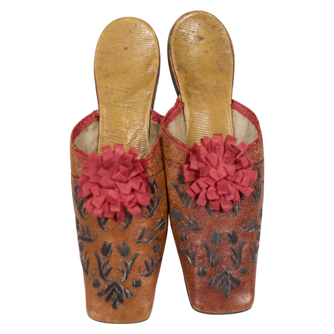 Pair Of Leather Slippers Embroidered With Tulips - France Early 19c