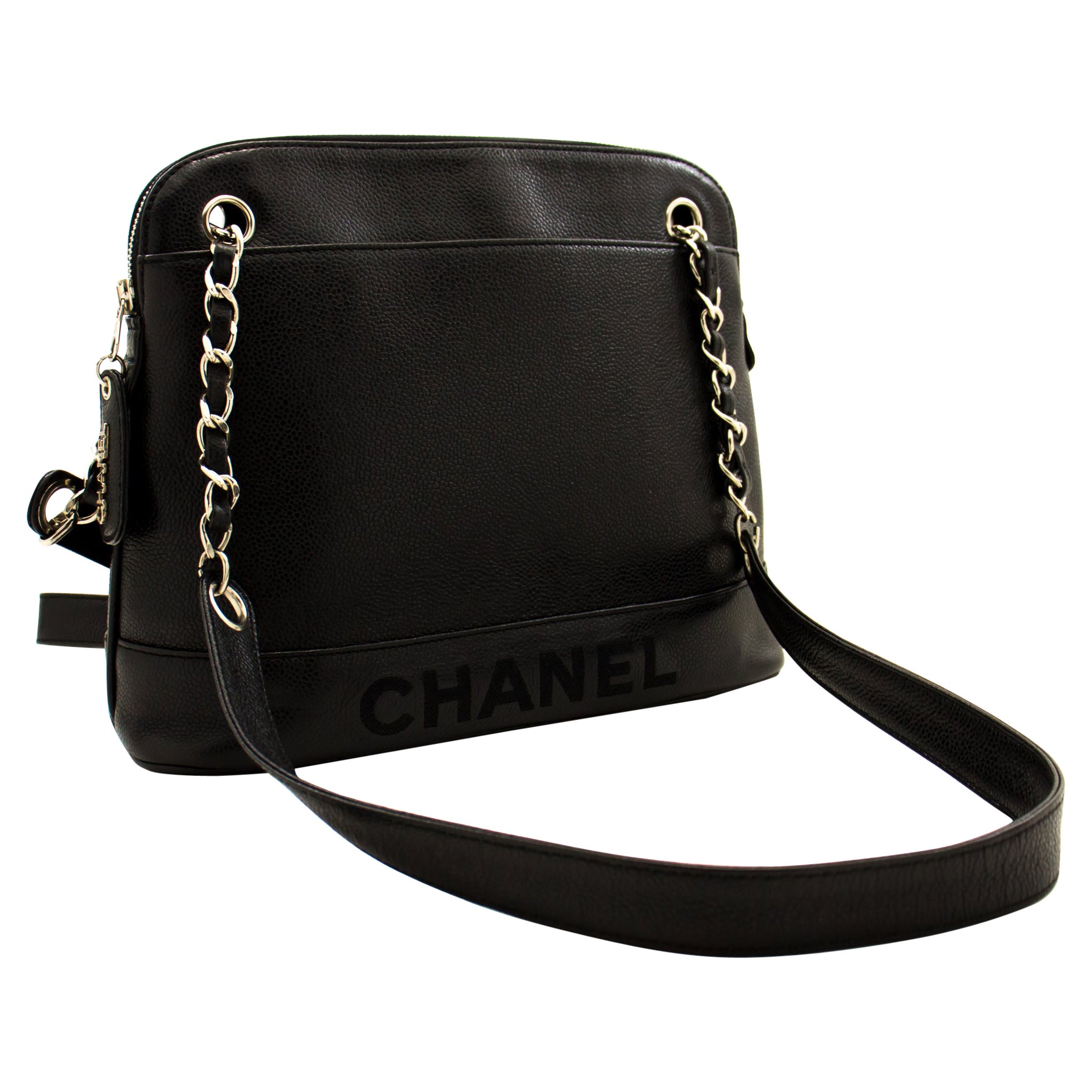 CHANEL Caviar Logo Chain Shoulder Bag Leather Black Silver Hardwar