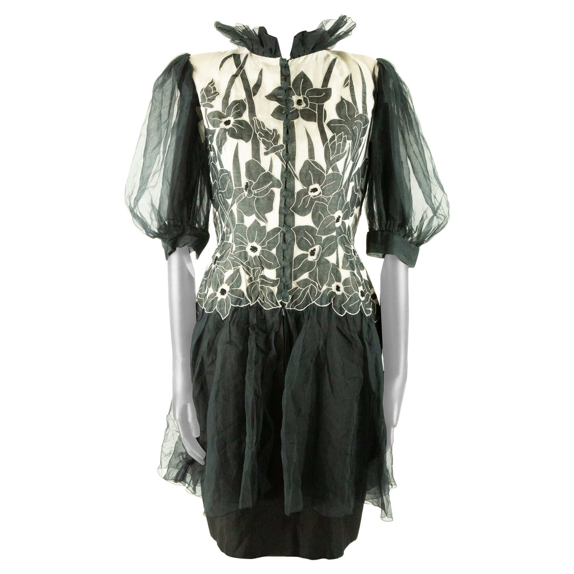 Jean-Louis Scherrer Couture Black Organza Drop Waist Dress with Floral Applique