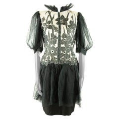 Jean-Louis Scherrer Couture Black Organza Drop Waist Dress with Floral Applique