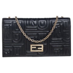 Fendi Black Embossed Logo Leather Wallet on Chain