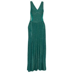 Used Elie Saab Green Lurex Knit Lace Trim Detail Paneled Maxi Dress M