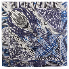 Hermes blue KAWA ORA 140 cashmere silk Scarf Shawl Marine Blanc Bleu Electrique