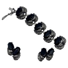 Schiaparelli 1950s Silver Leaves and Oval Black Stone Bracelet and Earrings Set
