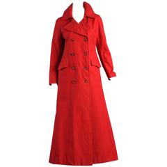Vintage Supermodel Length 1970s Cherry Red Flared Trench Coat