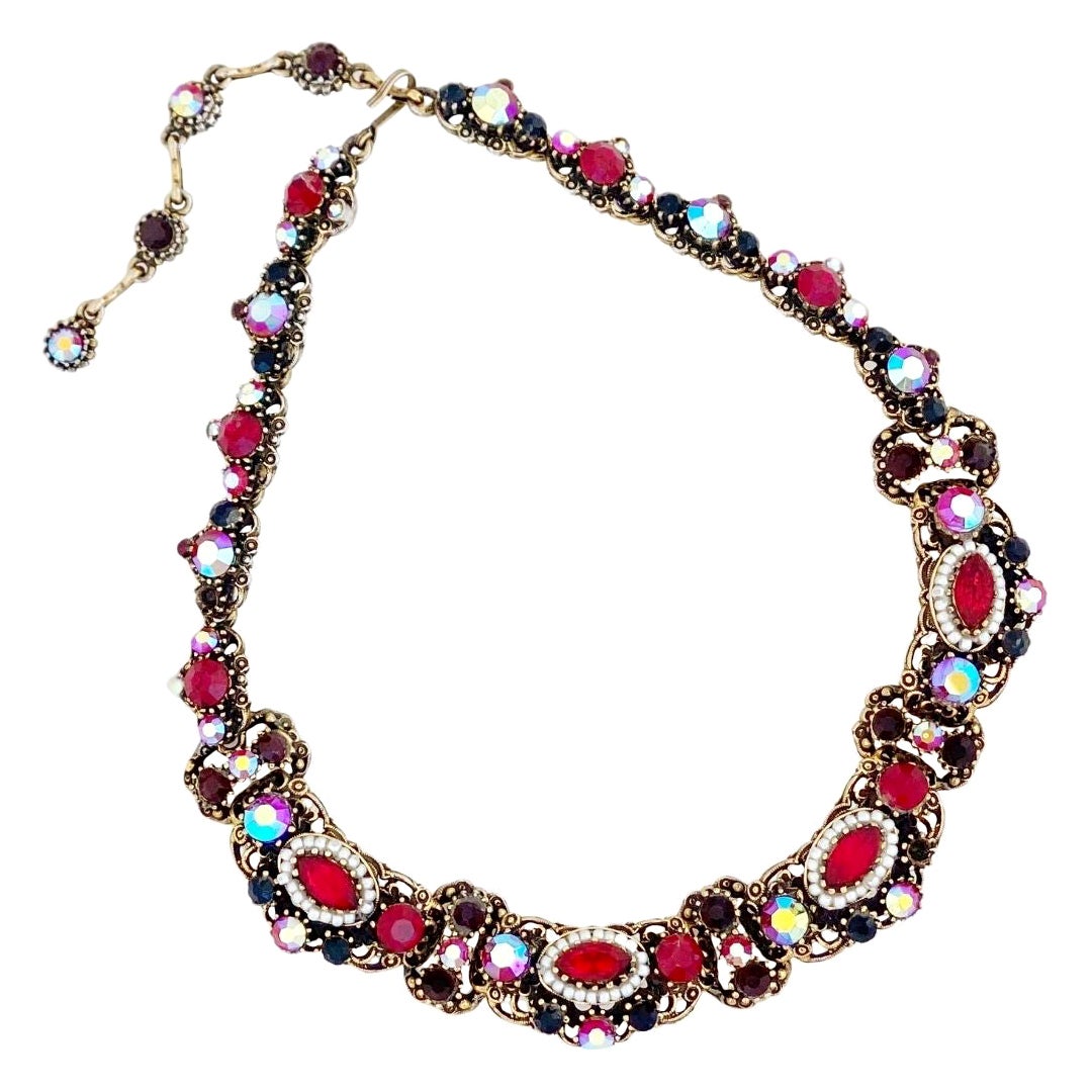 Victorian Revival Ornate Ruby Red Crystal Necklace By Weiss, 1960s