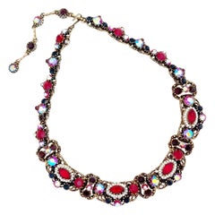 Vintage Victorian Revival Ornate Ruby Red Crystal Necklace By Weiss, 1960s