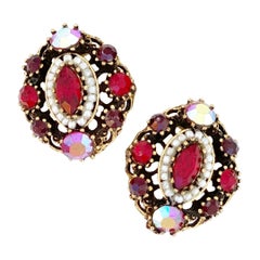 Vintage Victorian Revival Ornate Ruby Red Crystal Earrings By Weiss, 1960s