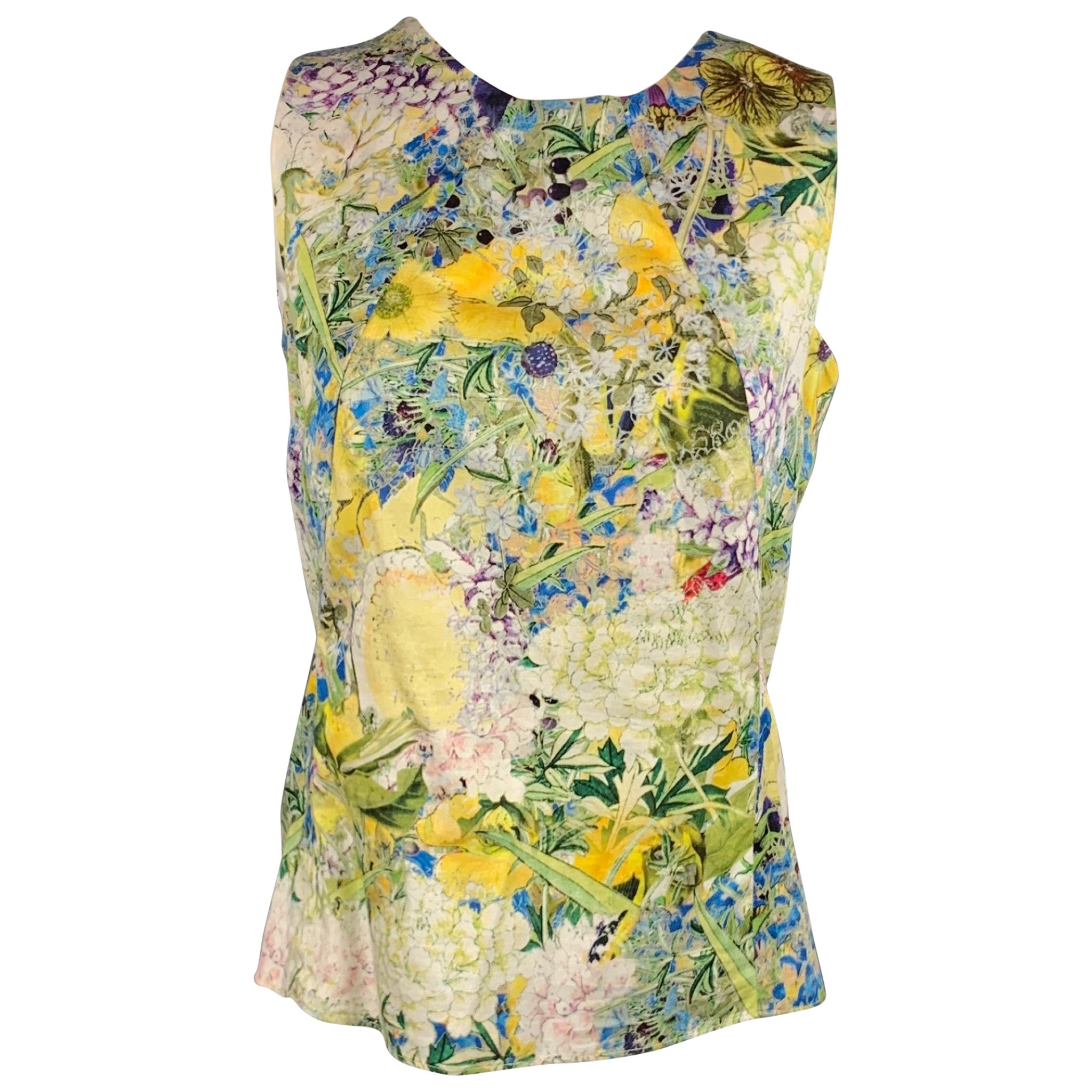 ERDEM Size 4 Green & Yellow Floral Cotton Sleeveless Blouse