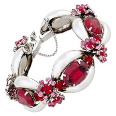 Vintage Silver Oval Five Link Bracelet With Ruby Red Crystals and Floral Motif, 1960s