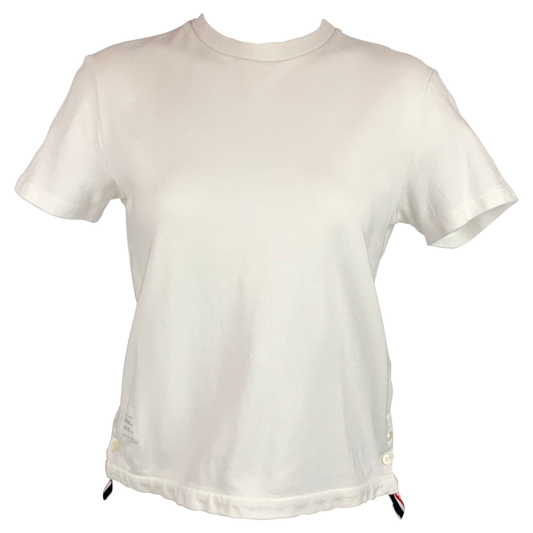 THOM BROWNE Size 2 White & Red Pique Cotton T-Shirt