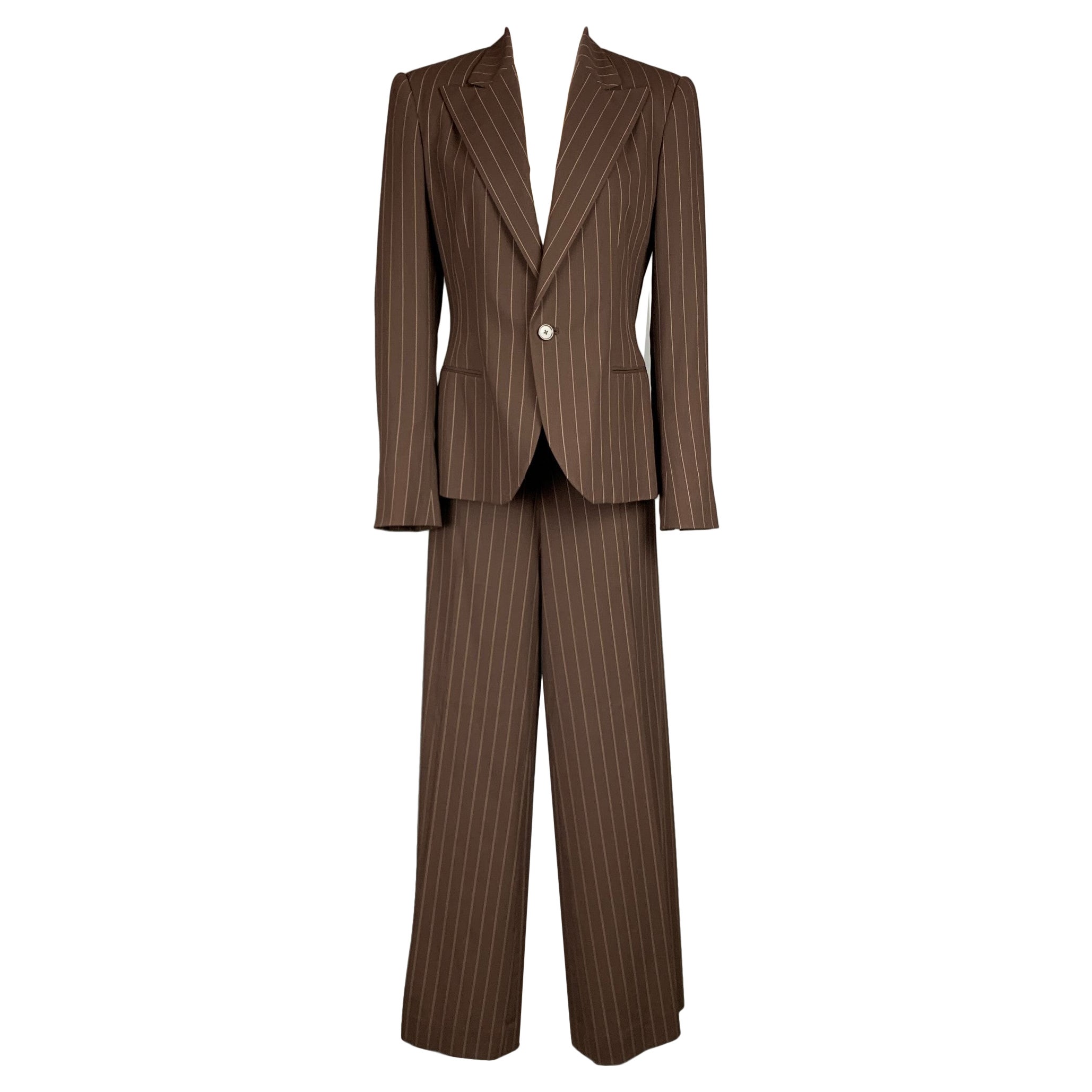 RALPH LAUREN Collection Size 10 Brown & Cream Pinstripe Virgin Wool Suit