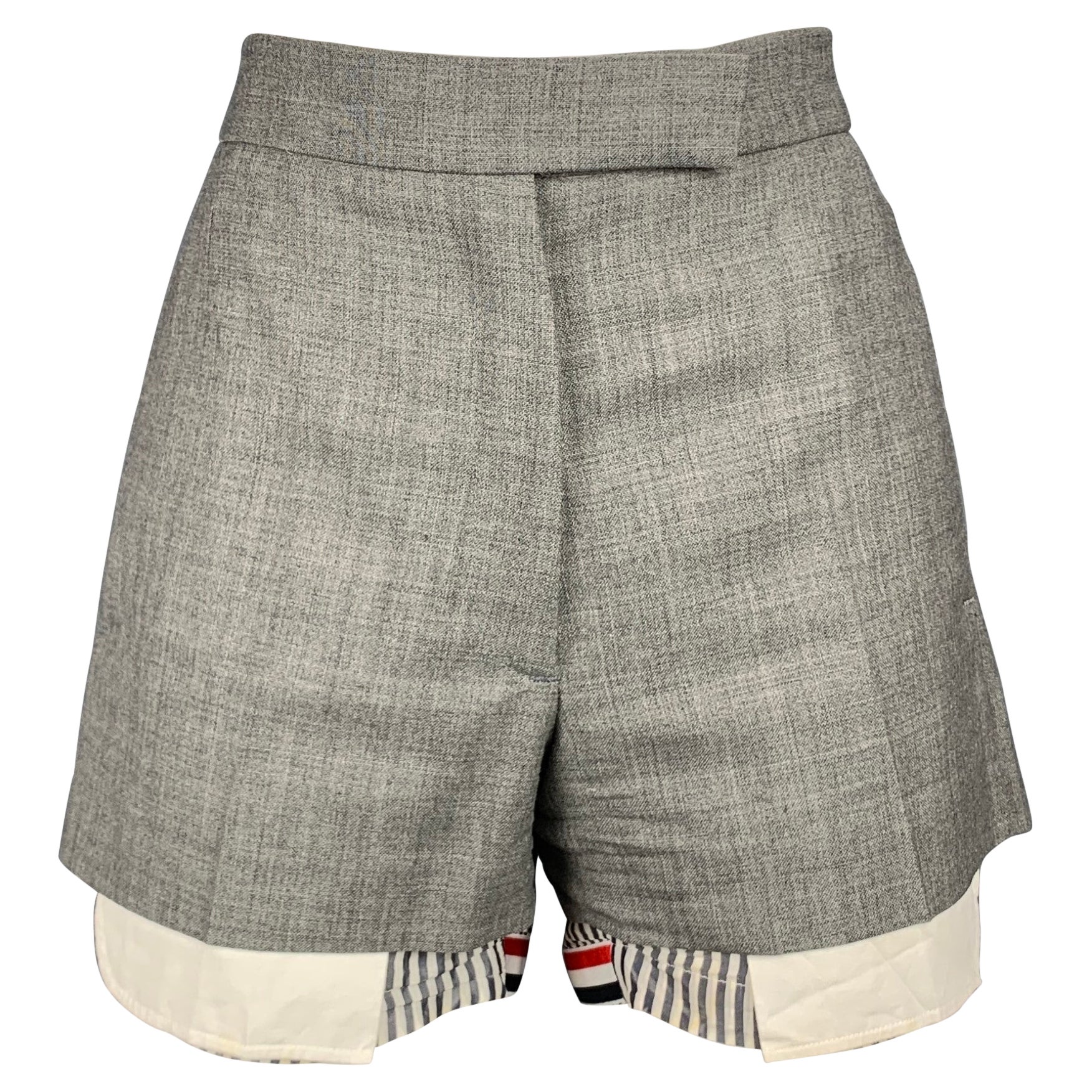 THOM BROWNE Size 2 Grey & White Wool Shorts